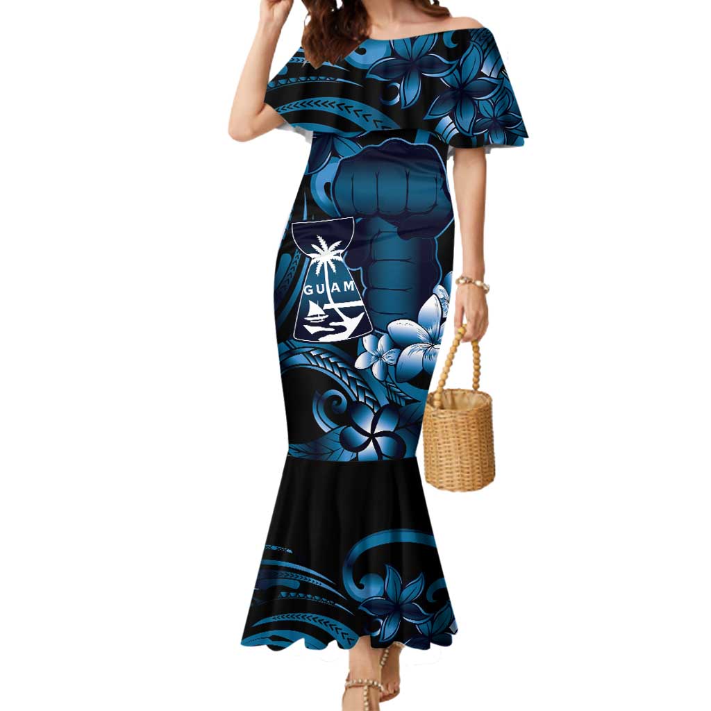 Blue Hafa Adai Guam Mermaid Dress Chamorro Latte Stone Hand With Plumeria