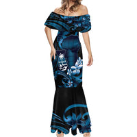 Blue Hafa Adai Guam Mermaid Dress Chamorro Latte Stone Hand With Plumeria