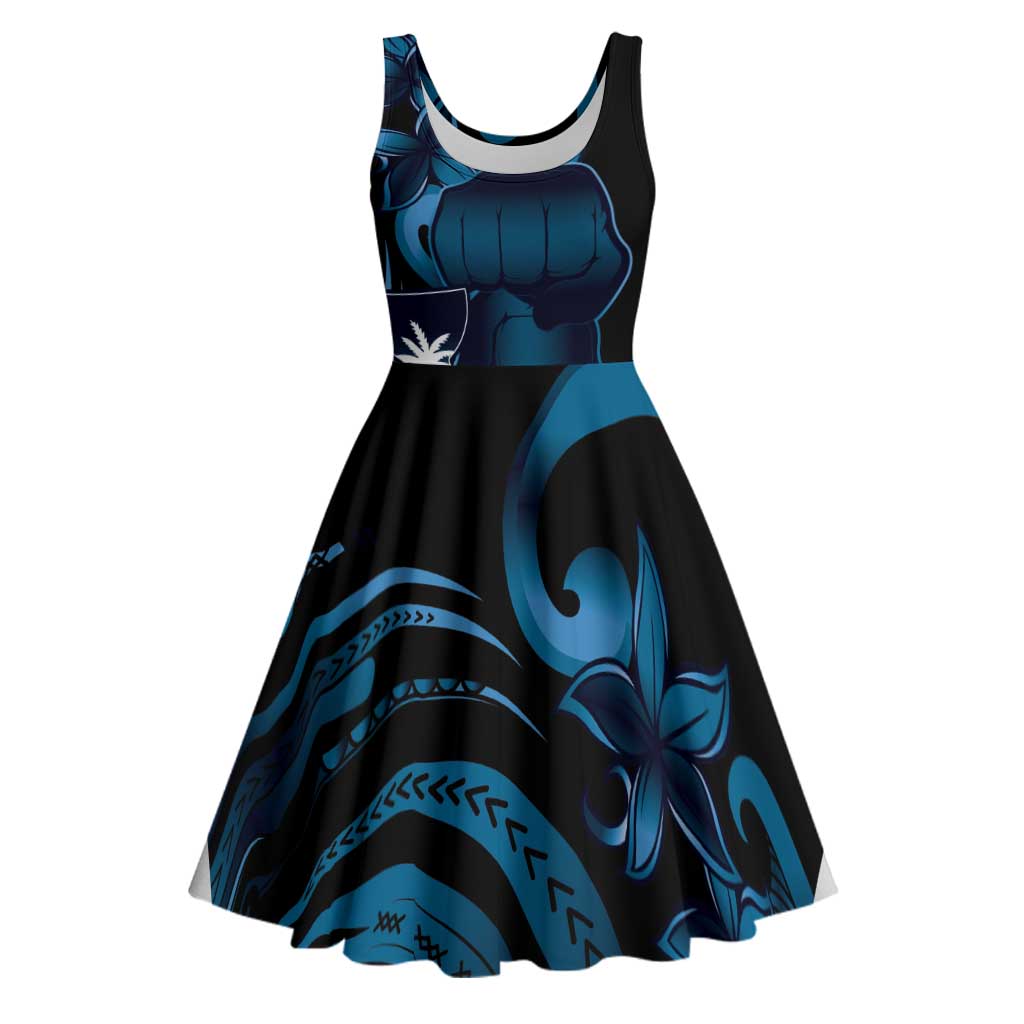 Blue Hafa Adai Guam Midi Dress Chamorro Latte Stone Hand With Plumeria - Polynesian Pride