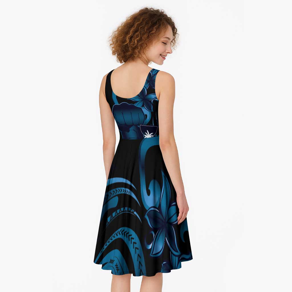 Blue Hafa Adai Guam Midi Dress Chamorro Latte Stone Hand With Plumeria - Polynesian Pride