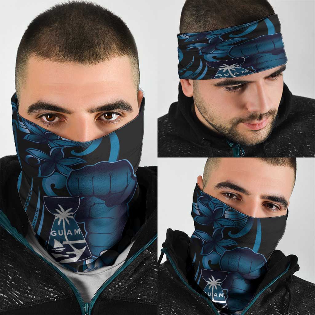 Blue Hafa Adai Guam Neck Gaiter Chamorro Latte Stone Hand With Plumeria - Polynesian Pride