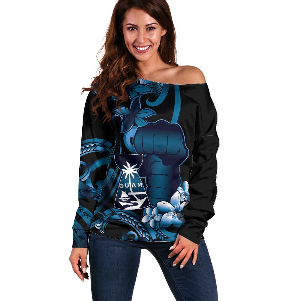 Blue Hafa Adai Guam Off Shoulder Sweater Chamorro Latte Stone Hand With Plumeria