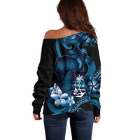 Blue Hafa Adai Guam Off Shoulder Sweater Chamorro Latte Stone Hand With Plumeria
