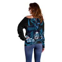 Blue Hafa Adai Guam Off Shoulder Sweater Chamorro Latte Stone Hand With Plumeria