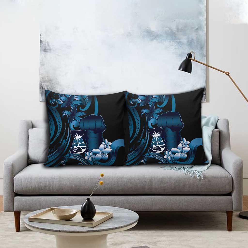Blue Hafa Adai Guam Pillow Cover Chamorro Latte Stone Hand With Plumeria - Polynesian Pride