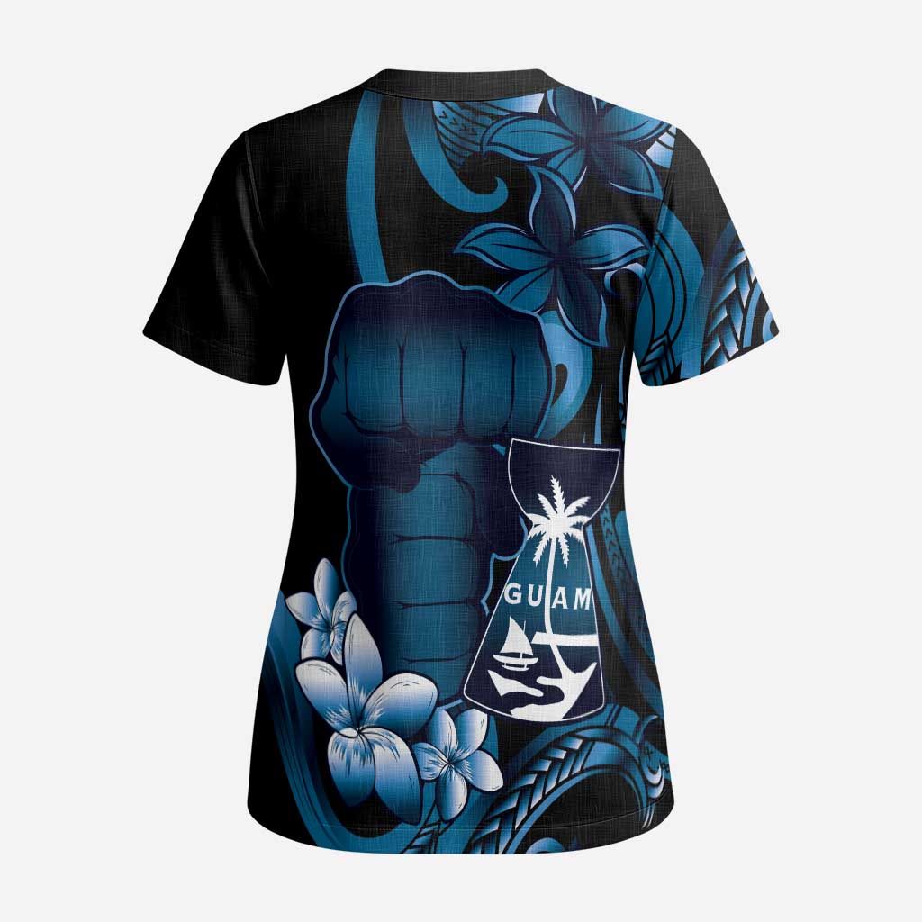 Blue Hafa Adai Guam Scrub Top Chamorro Latte Stone Hand With Plumeria - Polynesian Pride