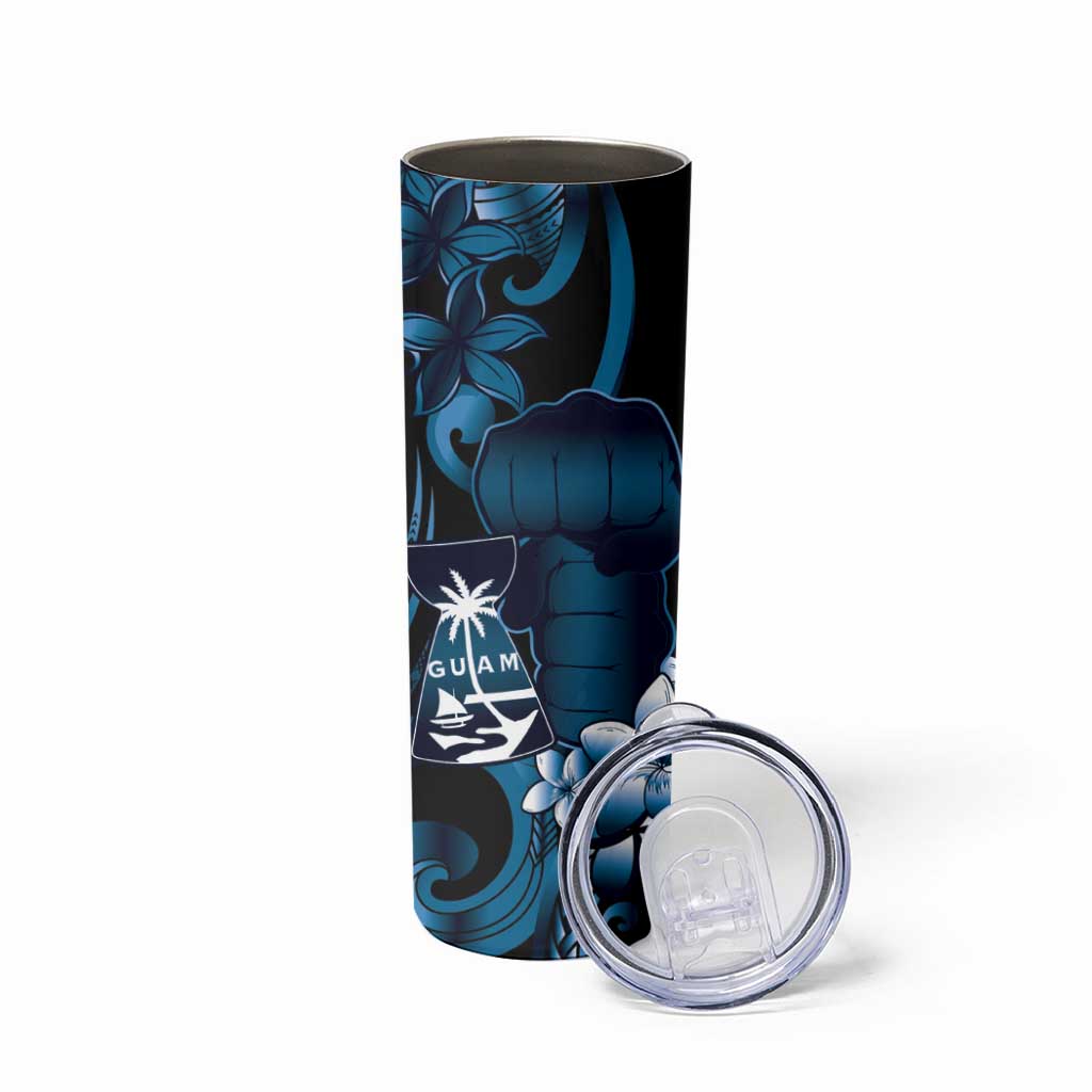 Blue Hafa Adai Guam Skinny Tumbler Chamorro Latte Stone Hand With Plumeria