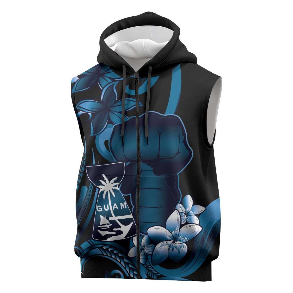 Blue Hafa Adai Guam Sleeveless Zip Hoodie Chamorro Latte Stone Hand With Plumeria - Polynesian Pride