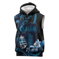 Blue Hafa Adai Guam Sleeveless Zip Hoodie Chamorro Latte Stone Hand With Plumeria - Polynesian Pride