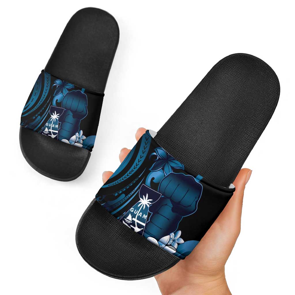 Blue Hafa Adai Guam Slide Sandals Chamorro Latte Stone Hand With Plumeria - Polynesian Pride