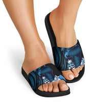 Blue Hafa Adai Guam Slide Sandals Chamorro Latte Stone Hand With Plumeria - Polynesian Pride
