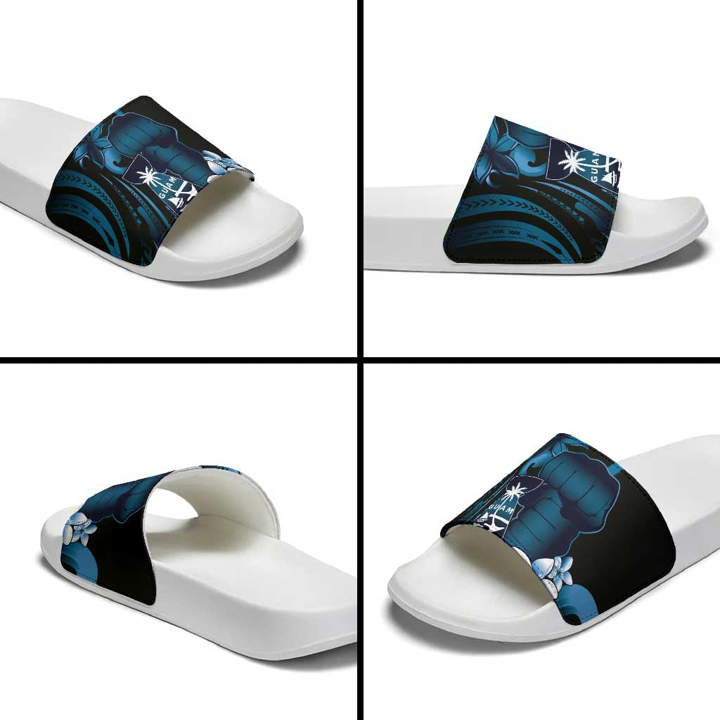 Blue Hafa Adai Guam Slide Sandals Chamorro Latte Stone Hand With Plumeria - Polynesian Pride