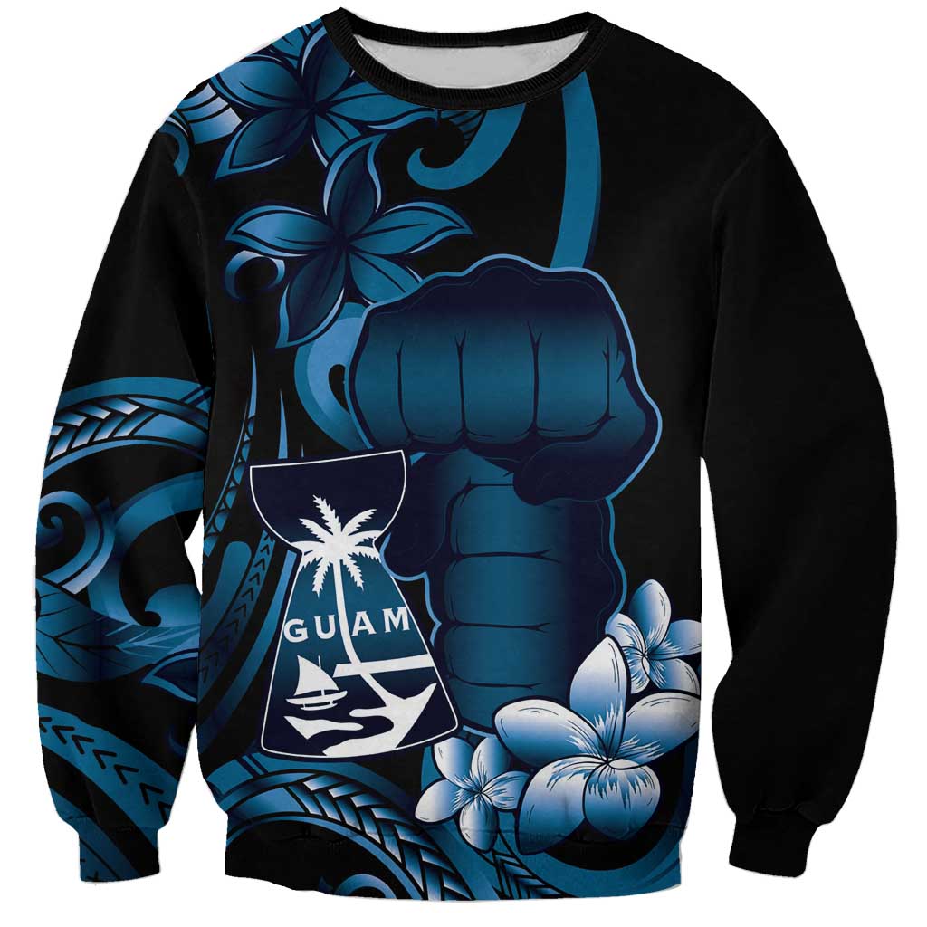 Blue Hafa Adai Guam Sweatshirt Chamorro Latte Stone Hand With Plumeria