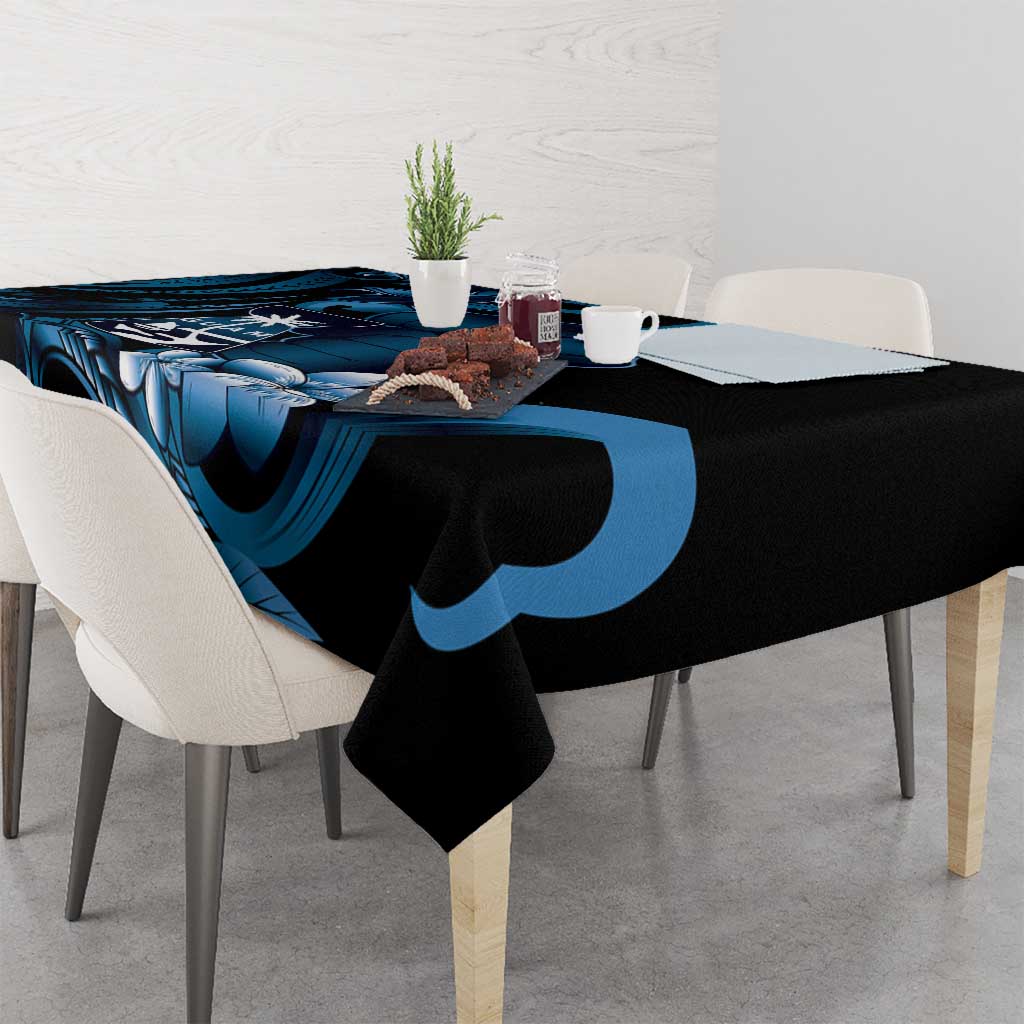 Blue Hafa Adai Guam Tablecloth Chamorro Latte Stone Hand With Plumeria