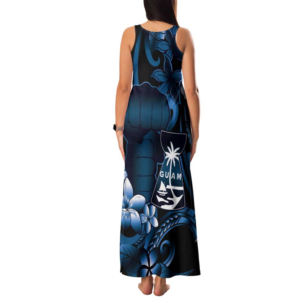 Blue Hafa Adai Guam Tank Maxi Dress Chamorro Latte Stone Hand With Plumeria