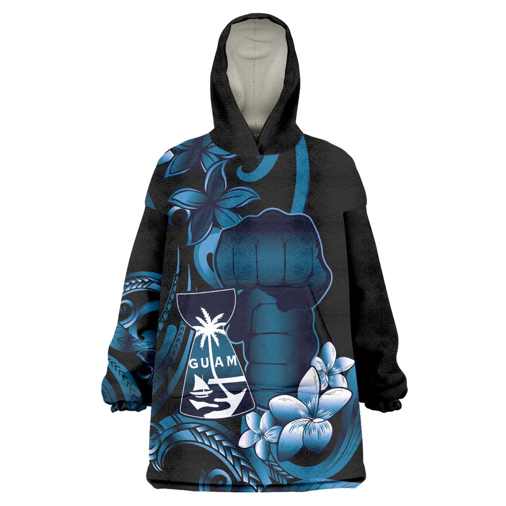 Blue Hafa Adai Guam Wearable Blanket Hoodie Chamorro Latte Stone Hand With Plumeria