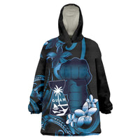 Blue Hafa Adai Guam Wearable Blanket Hoodie Chamorro Latte Stone Hand With Plumeria