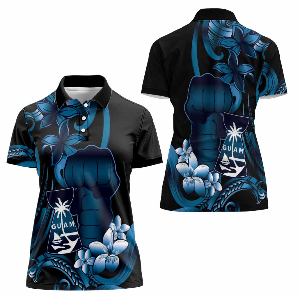 Blue Hafa Adai Guam Women Polo Shirt Chamorro Latte Stone Hand With Plumeria