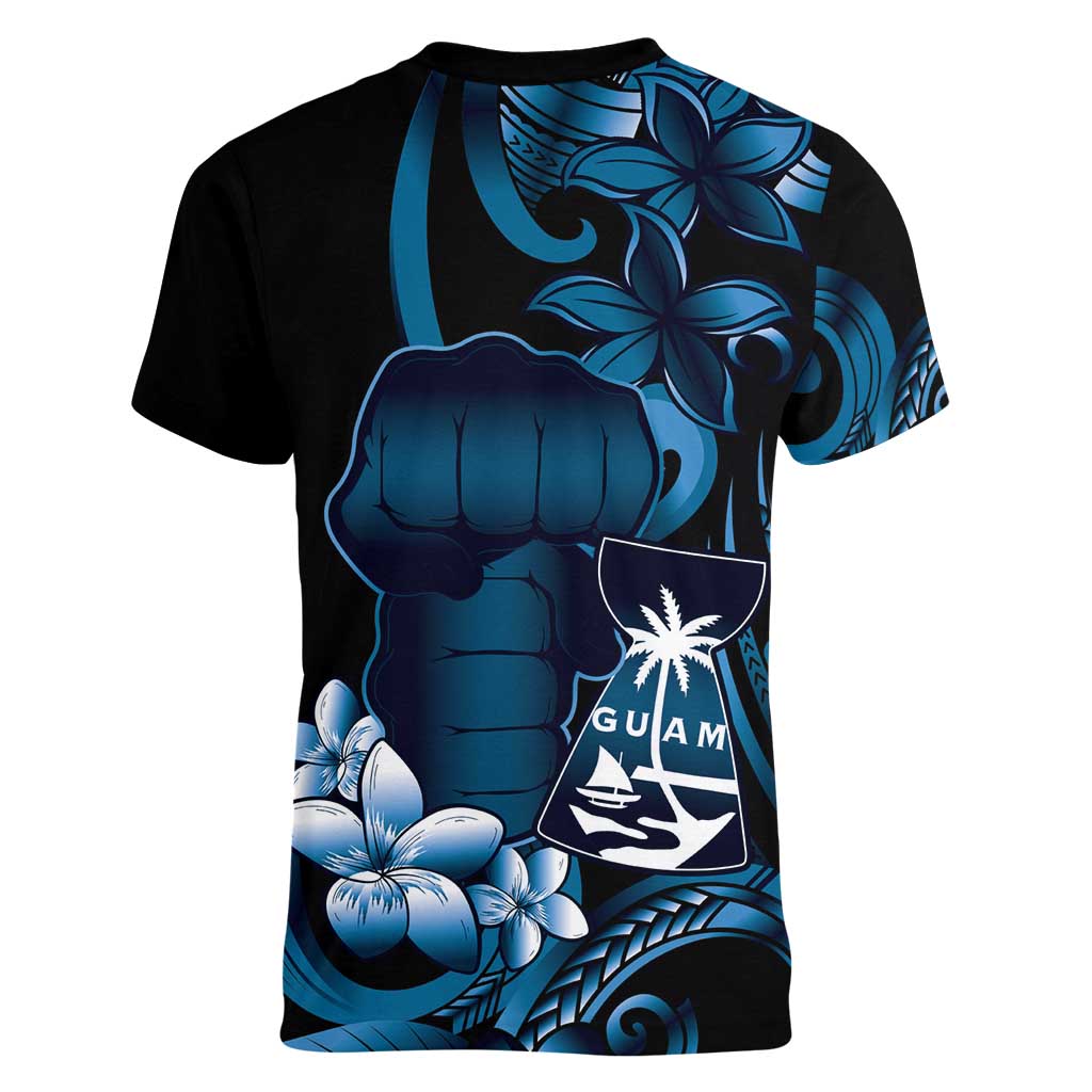 Blue Hafa Adai Guam Women V-Neck T-Shirt Chamorro Latte Stone Hand With Plumeria