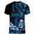 Blue Hafa Adai Guam Women V-Neck T-Shirt Chamorro Latte Stone Hand With Plumeria