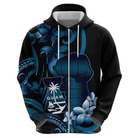 Blue Hafa Adai Guam Zip Hoodie Chamorro Latte Stone Hand With Plumeria