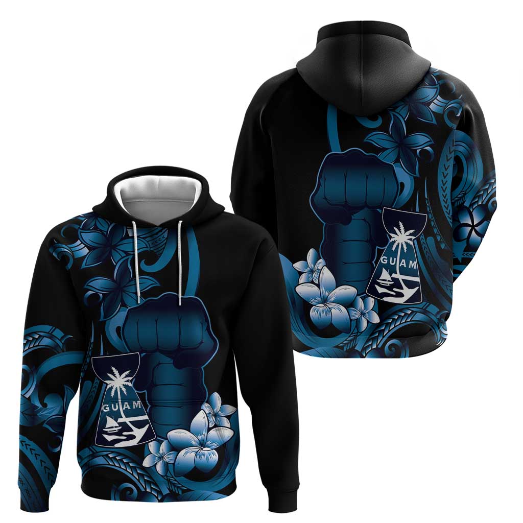 Blue Hafa Adai Guam Zip Hoodie Chamorro Latte Stone Hand With Plumeria