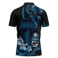 Blue Hafa Adai Guam Zipper Polo Shirt Chamorro Latte Stone Hand With Plumeria - Polynesian Pride