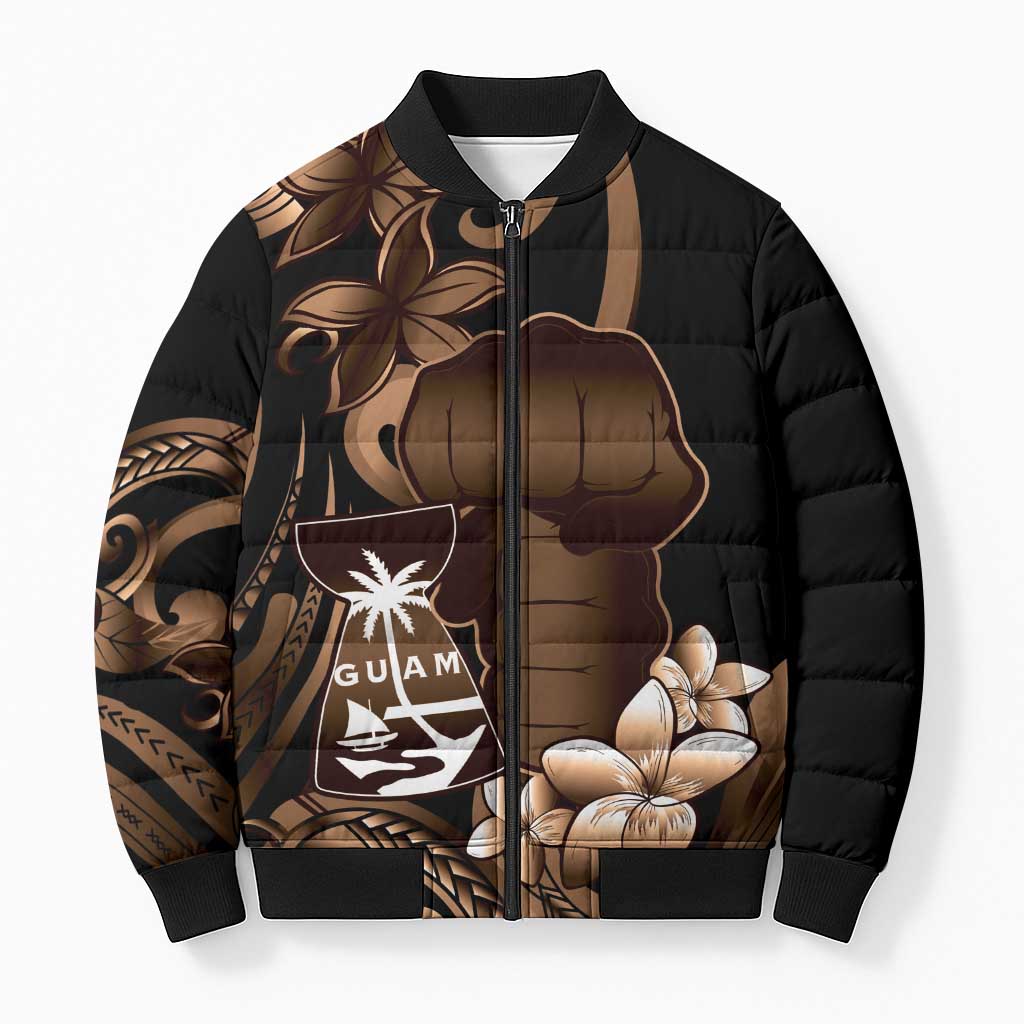 Brown Hafa Adai Guam Bomber Puffer Jacket Chamorro Latte Stone Hand With Plumeria - Polynesian Pride