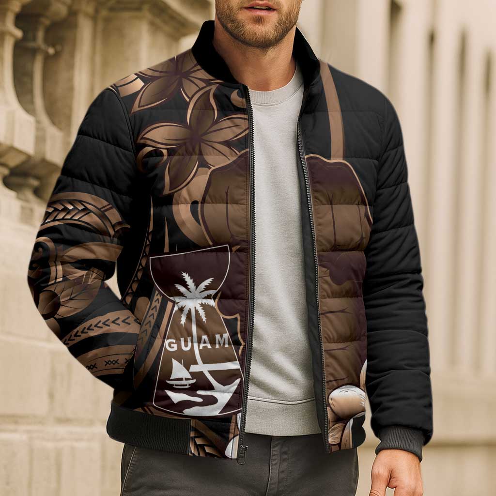 Brown Hafa Adai Guam Bomber Puffer Jacket Chamorro Latte Stone Hand With Plumeria - Polynesian Pride