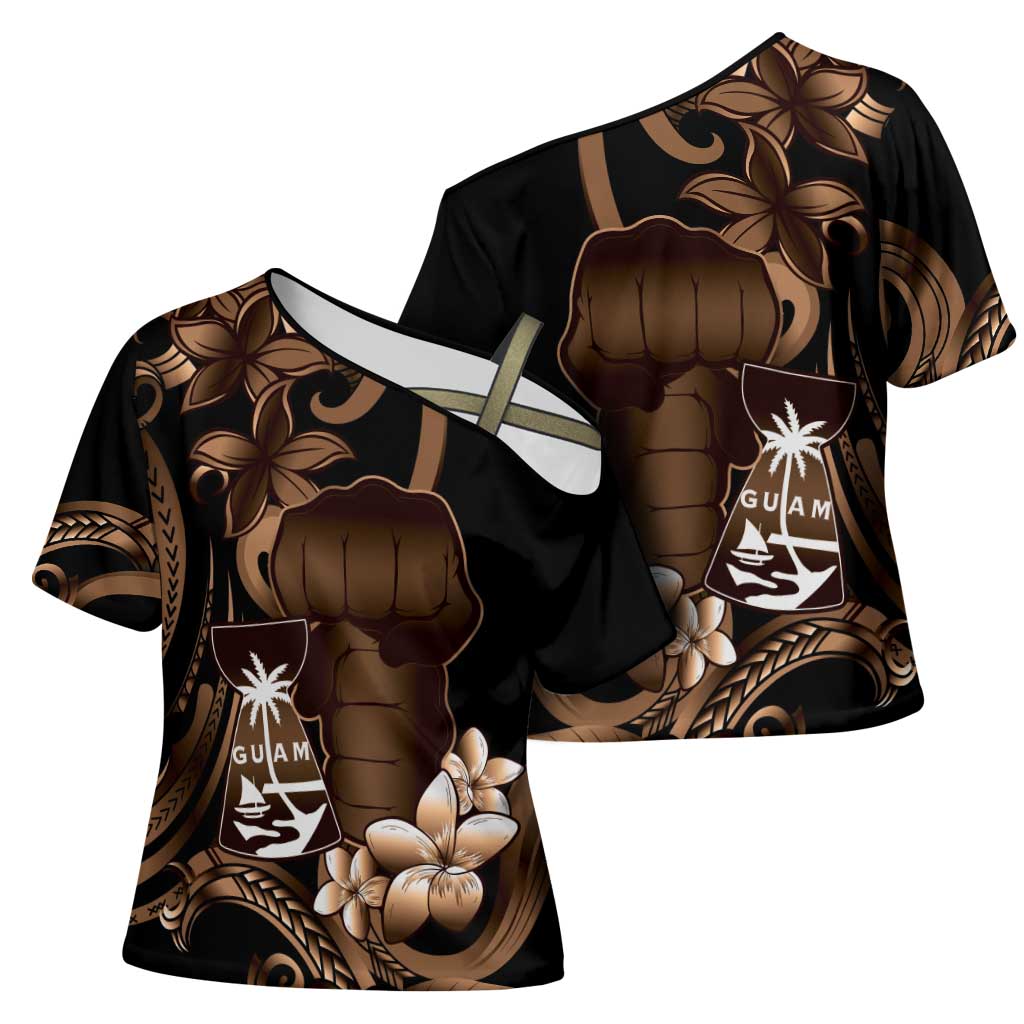 Brown Hafa Adai Guam Cross Shoulder Shirt Chamorro Latte Stone Hand With Plumeria - Polynesian Pride