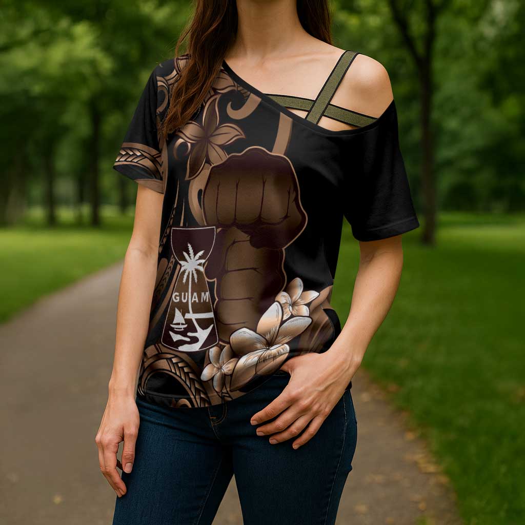 Brown Hafa Adai Guam Cross Shoulder Shirt Chamorro Latte Stone Hand With Plumeria - Polynesian Pride