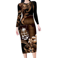 Brown Hafa Adai Guam Family Matching Long Sleeve Bodycon Dress and Hawaiian Shirt Chamorro Latte Stone Hand With Plumeria LT14 Mom's Dress Brown - Polynesian Pride
