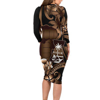 Brown Hafa Adai Guam Family Matching Long Sleeve Bodycon Dress and Hawaiian Shirt Chamorro Latte Stone Hand With Plumeria LT14 - Polynesian Pride