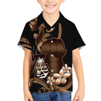 Brown Hafa Adai Guam Family Matching Long Sleeve Bodycon Dress and Hawaiian Shirt Chamorro Latte Stone Hand With Plumeria LT14 Son's Shirt Brown - Polynesian Pride