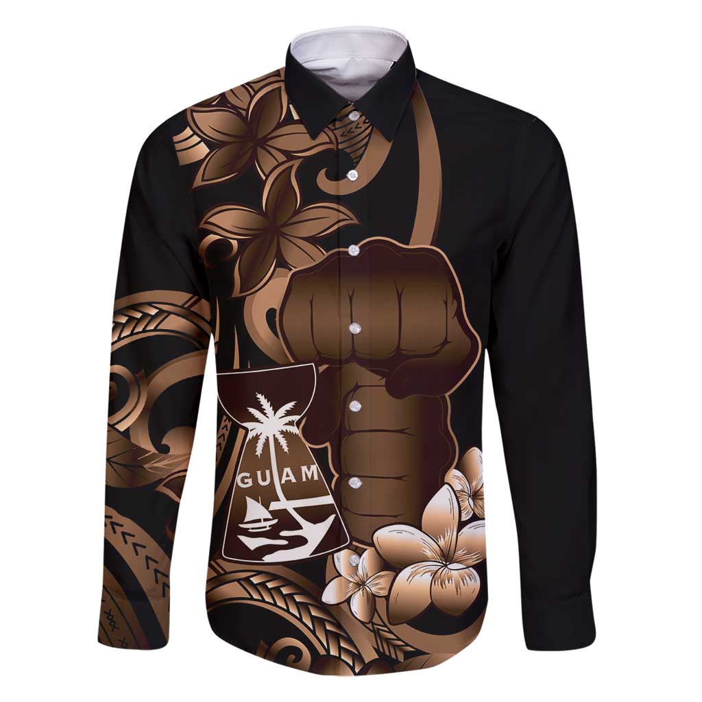 Brown Hafa Adai Guam Family Matching Mermaid Dress and Hawaiian Shirt Chamorro Latte Stone Hand With Plumeria LT14 Dad's Shirt - Long Sleeve Brown - Polynesian Pride