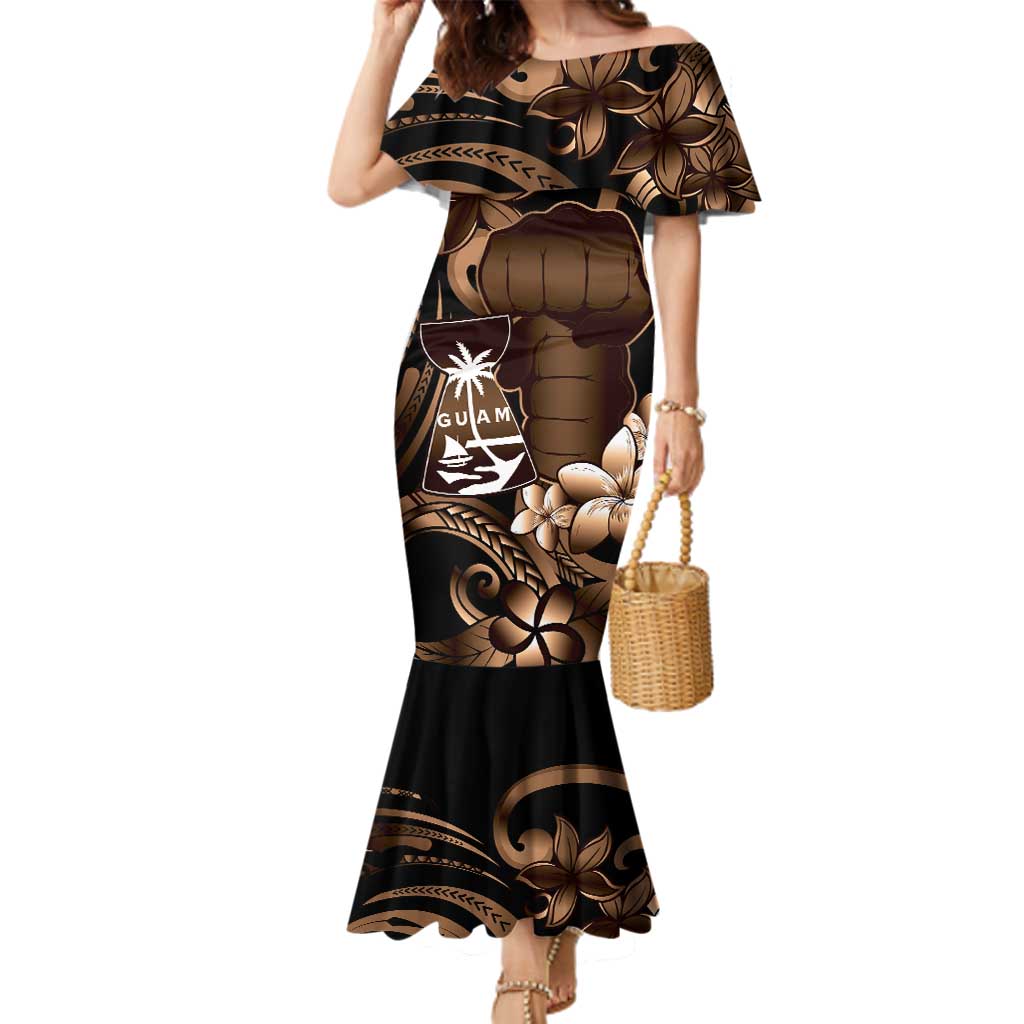 Brown Hafa Adai Guam Family Matching Mermaid Dress and Hawaiian Shirt Chamorro Latte Stone Hand With Plumeria LT14 Mom's Dress Brown - Polynesian Pride