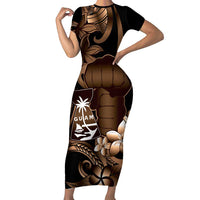 Brown Hafa Adai Guam Family Matching Short Sleeve Bodycon Dress and Hawaiian Shirt Chamorro Latte Stone Hand With Plumeria LT14 Mom's Dress Brown - Polynesian Pride