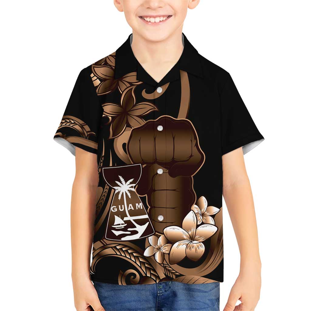 Brown Hafa Adai Guam Family Matching Tank Maxi Dress and Hawaiian Shirt Chamorro Latte Stone Hand With Plumeria LT14 Son's Shirt Brown - Polynesian Pride