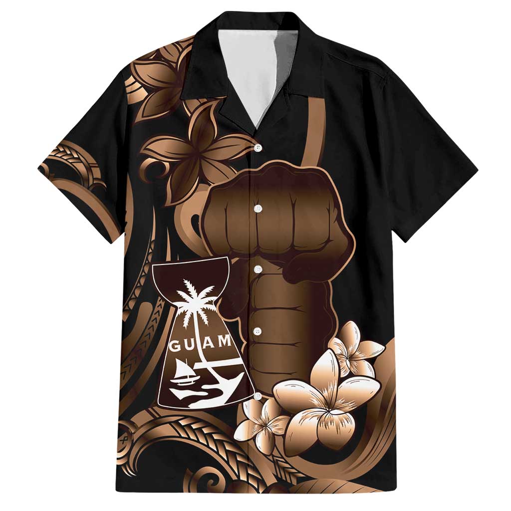 Brown Hafa Adai Guam Hawaiian Shirt Chamorro Latte Stone Hand With Plumeria