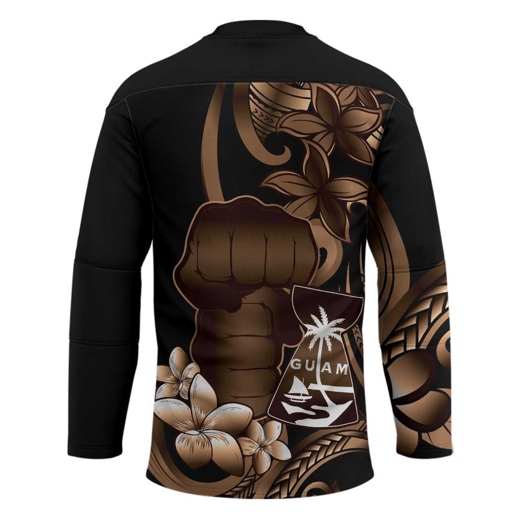 Brown Hafa Adai Guam Hockey Jersey Chamorro Latte Stone Hand With Plumeria - Polynesian Pride