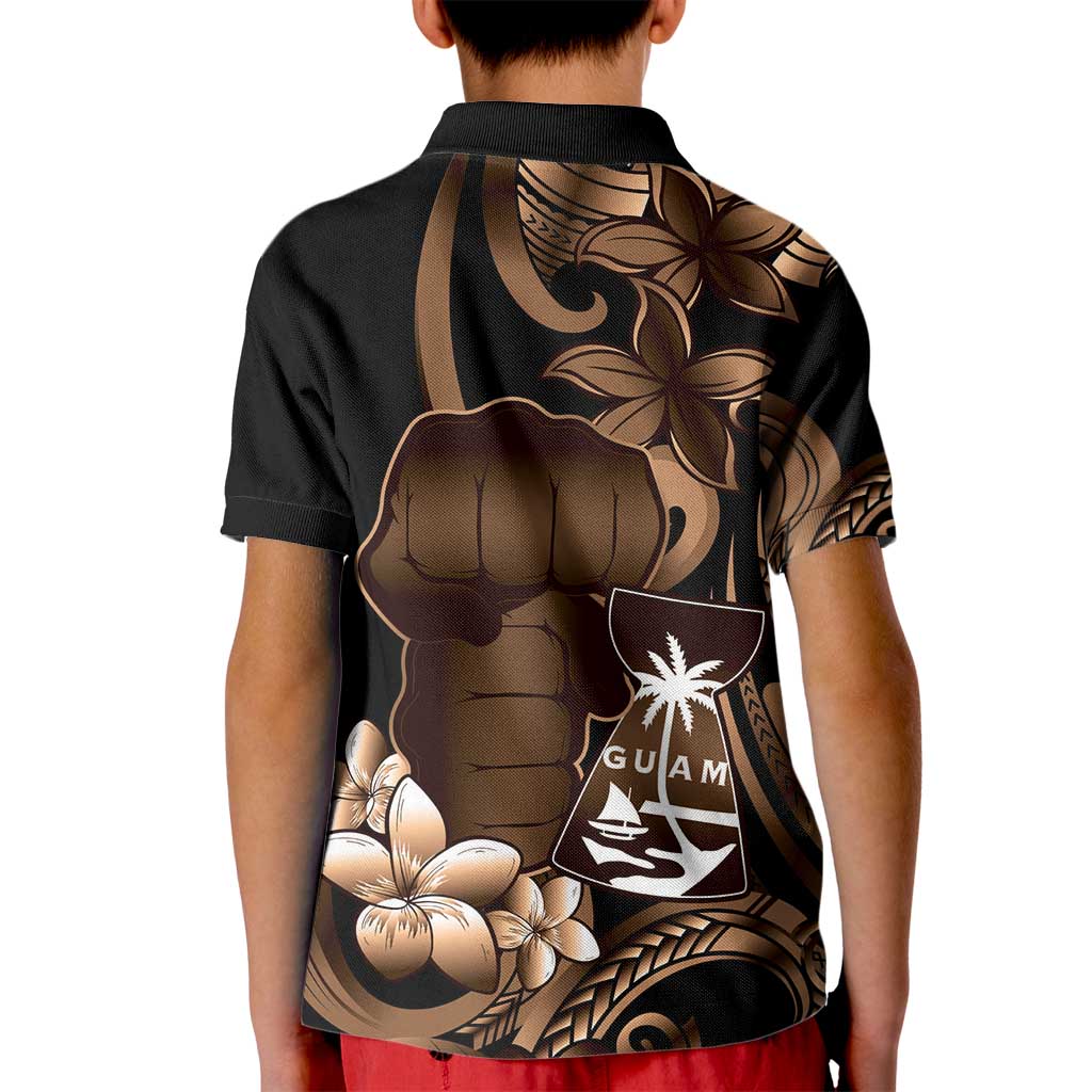 Brown Hafa Adai Guam Kid Polo Shirt Chamorro Latte Stone Hand With Plumeria