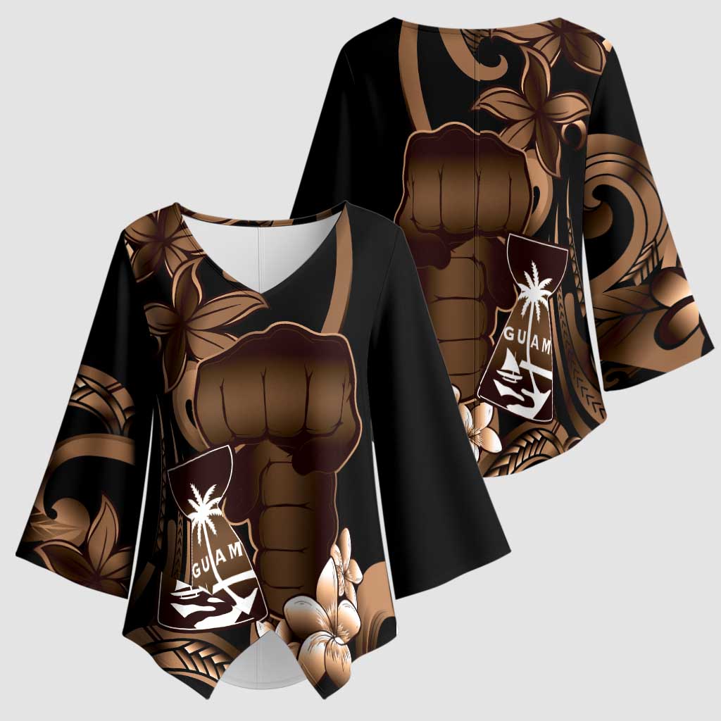 Brown Hafa Adai Guam Kimono Sleeve Blouse Chamorro Latte Stone Hand With Plumeria - Polynesian Pride