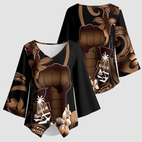 Brown Hafa Adai Guam Kimono Sleeve Blouse Chamorro Latte Stone Hand With Plumeria - Polynesian Pride