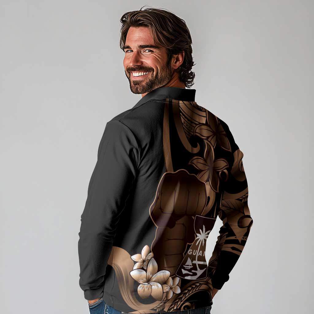 Brown Hafa Adai Guam Long Sleeve Polo Shirt Chamorro Latte Stone Hand With Plumeria