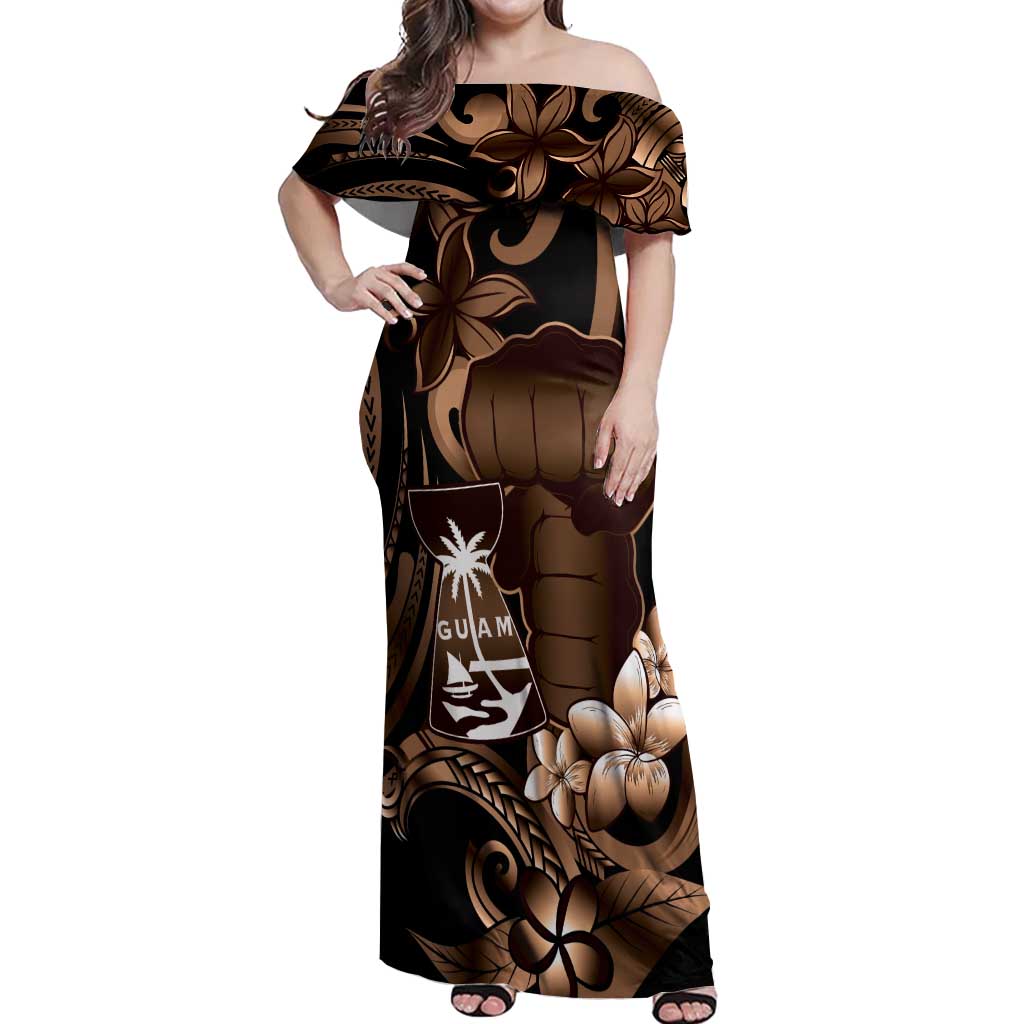 Brown Hafa Adai Guam Off Shoulder Maxi Dress Chamorro Latte Stone Hand With Plumeria