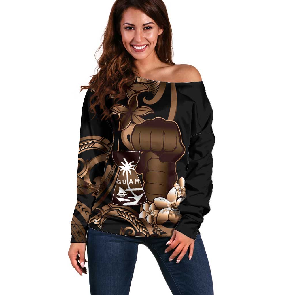Brown Hafa Adai Guam Off Shoulder Sweater Chamorro Latte Stone Hand With Plumeria