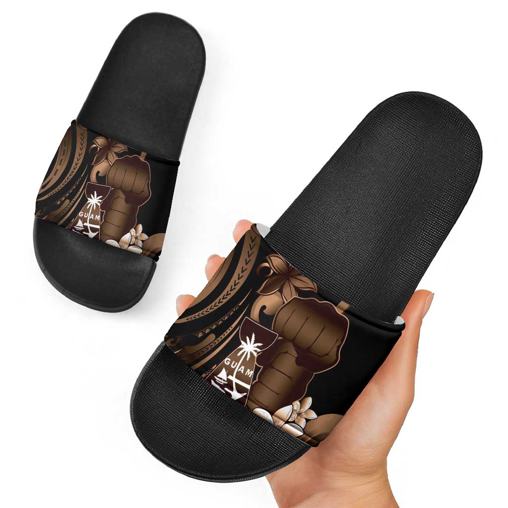 Brown Hafa Adai Guam Slide Sandals Chamorro Latte Stone Hand With Plumeria - Polynesian Pride
