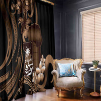 Brown Hafa Adai Guam Window Curtain Chamorro Latte Stone Hand With Plumeria