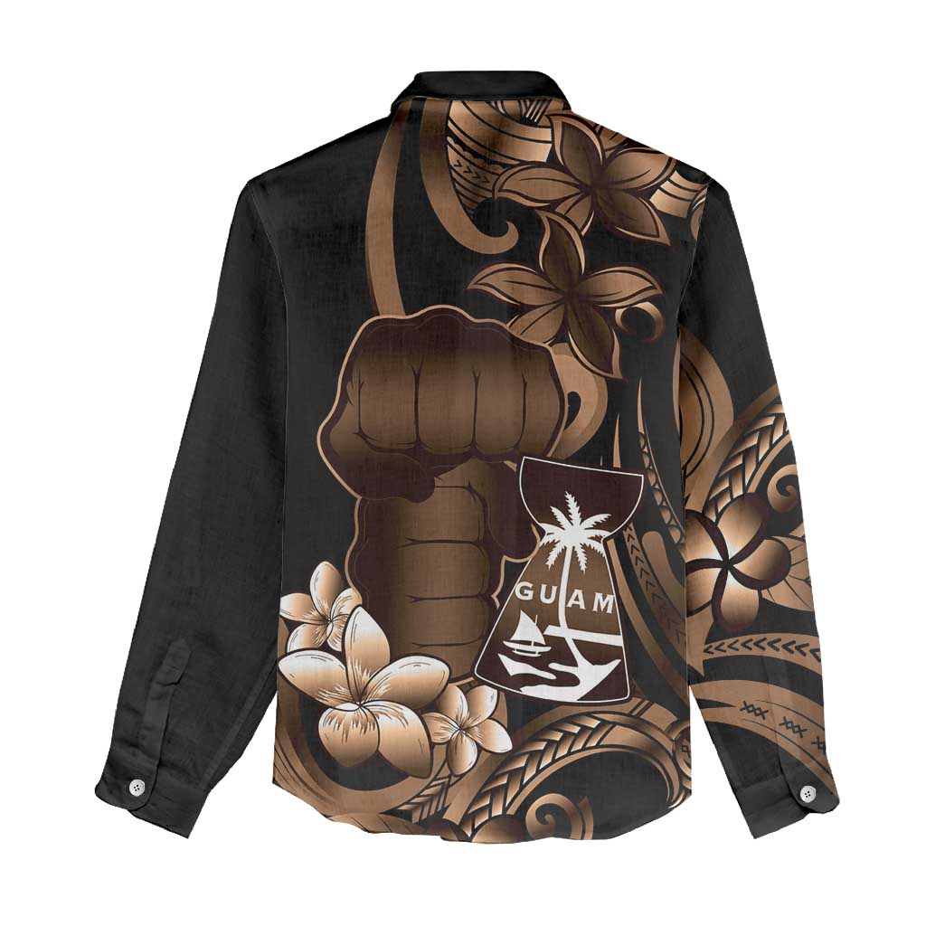 Brown Hafa Adai Guam Women Casual Shirt Chamorro Latte Stone Hand With Plumeria