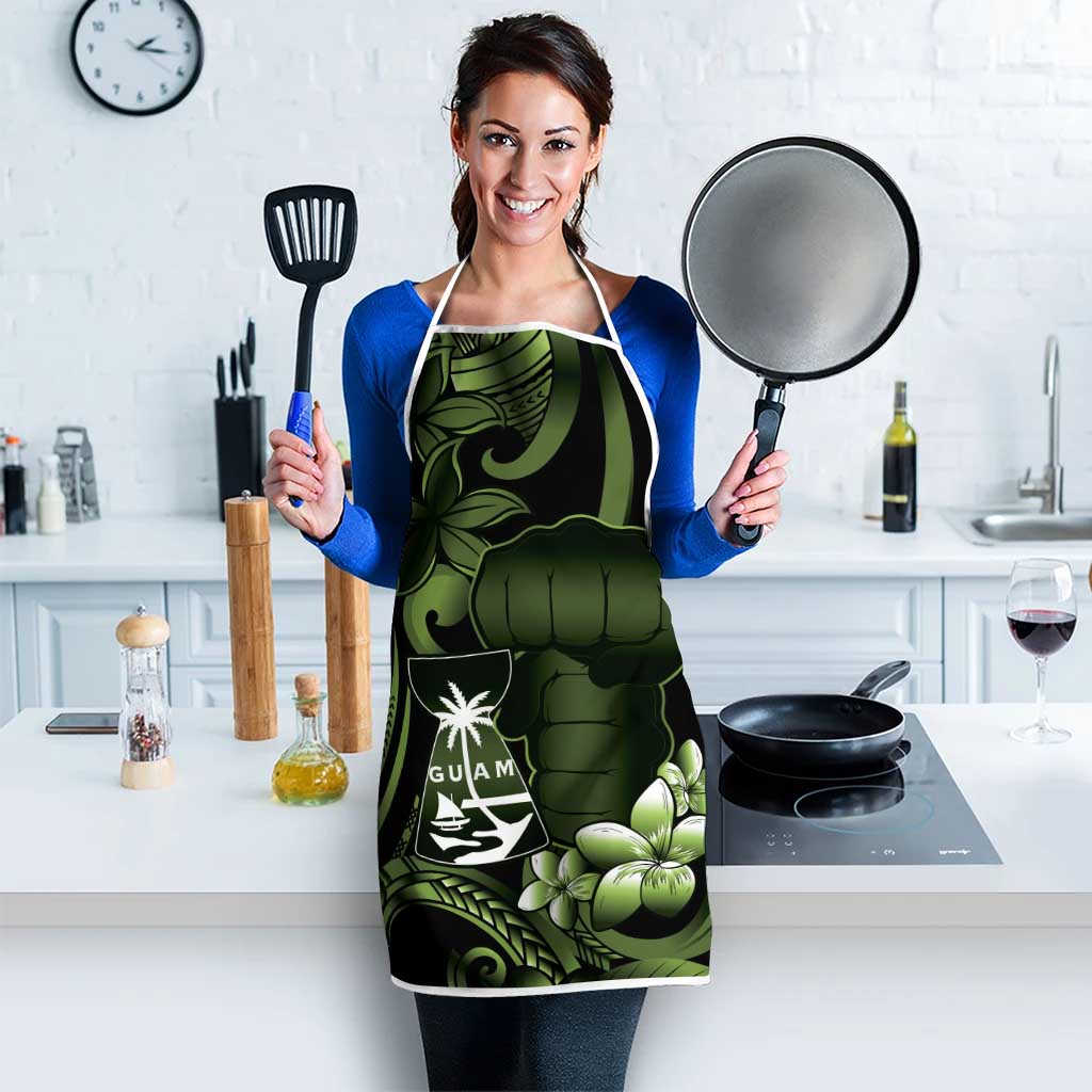 Green Hafa Adai Guam Apron Chamorro Latte Stone Hand With Plumeria - Polynesian Pride